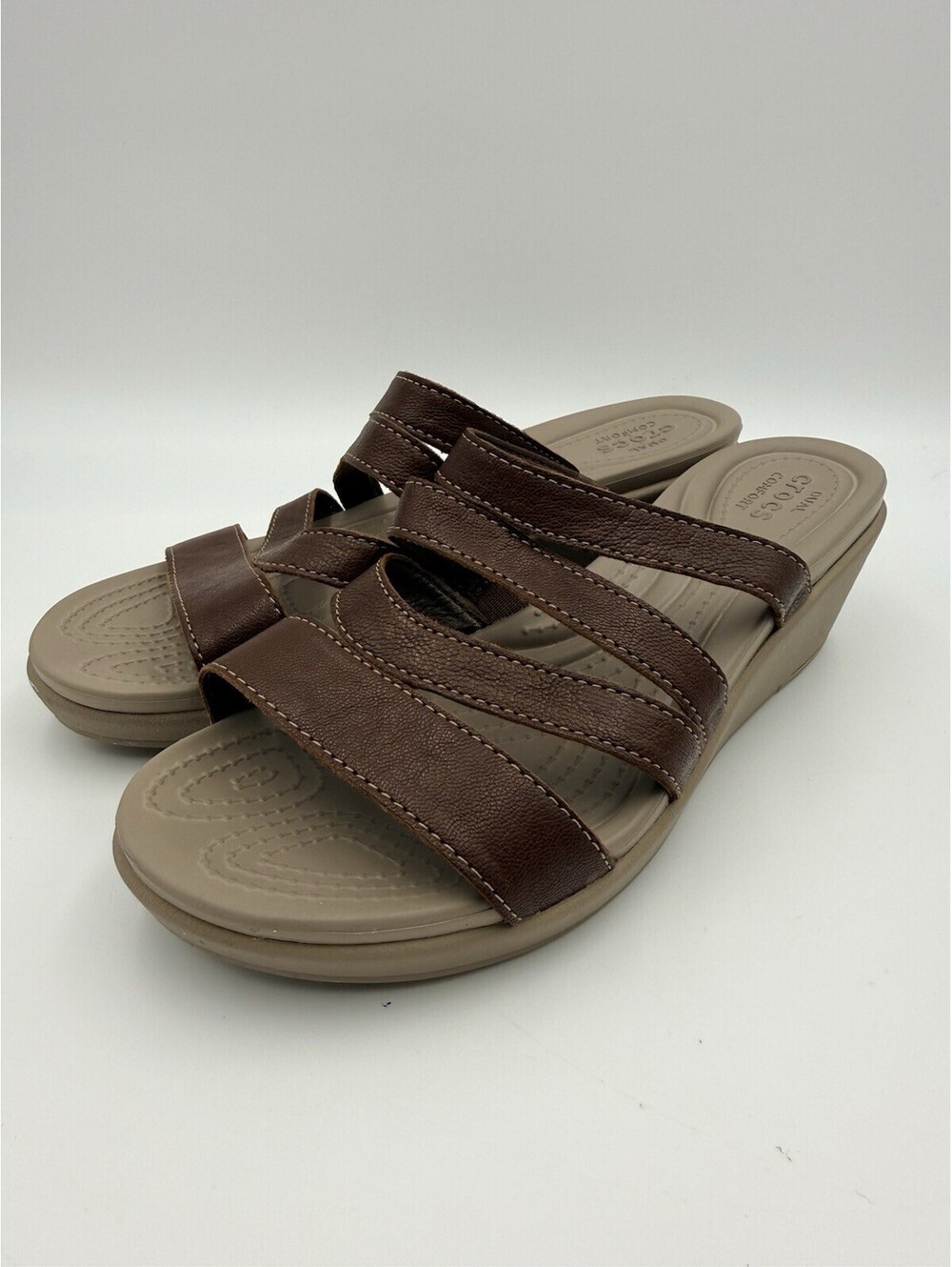 Crocs Women’s Brown/Taupe Strappy Wedge Slide Sandals Cushioned Comfort 6